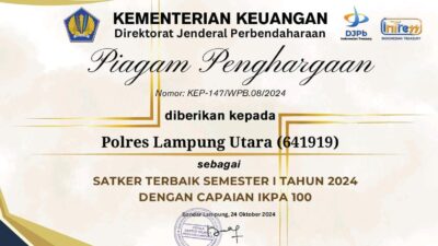 Jadi Satker Terbaik Semester I 2024, Polres Lampung Utara Terima Penghargaan Kementerian Keuangan